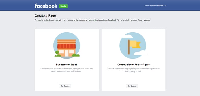 Facebook create a business page sign up window.