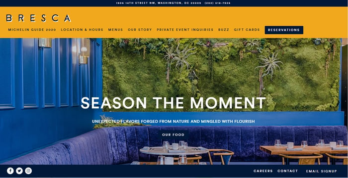 Bresca restaurant website showing comfy blue wrap around couch and tables
