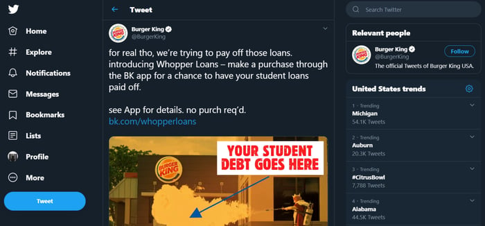 Burger King tweet about paying off student loans