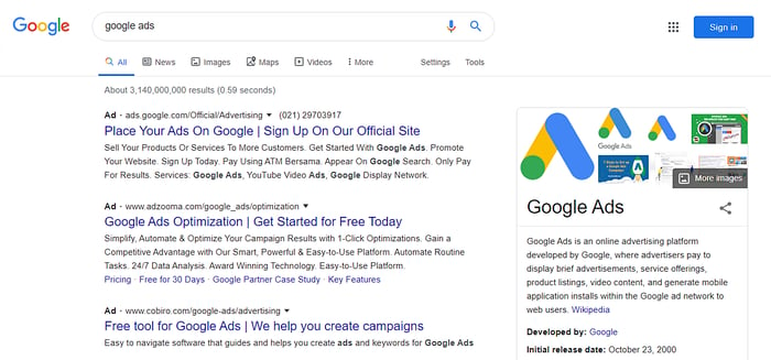 Example of google ads showing at the top of the website result page
