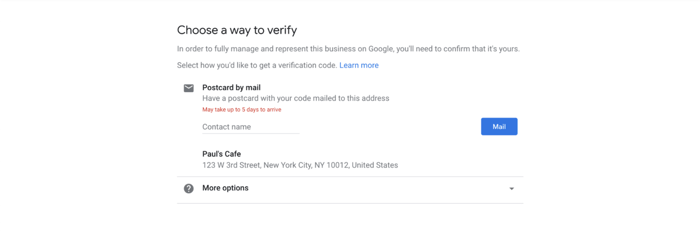Google My Business verification form
