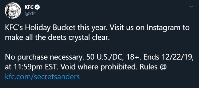 KFC's tweet about Holiday Buckets