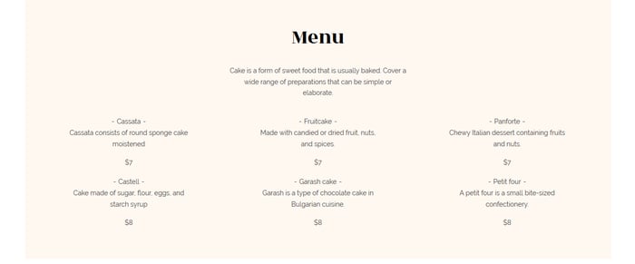 Zyro's bakery business template menu example