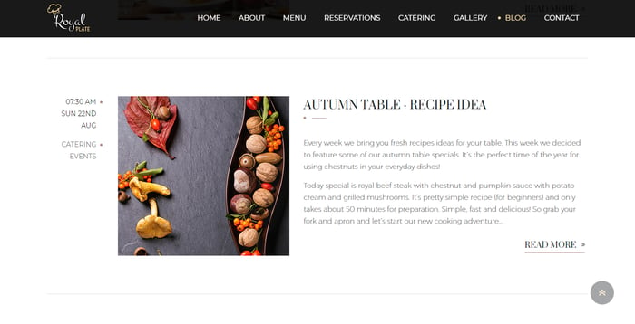 royal plate restaurant website blog page showing a recipe idea