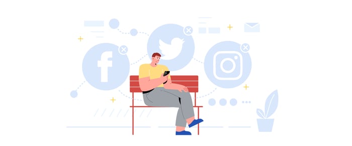 An illustration of a person sitting on a bench with social media icons displayed in the background 