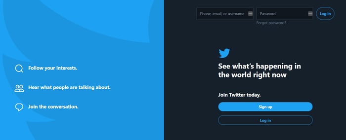 Twitter's page for signing up