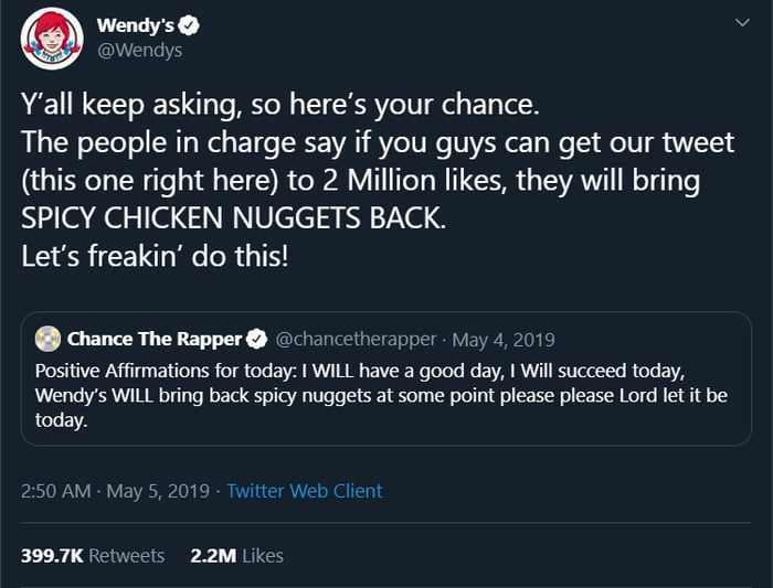 Wendy's spicy chicken nugget tweet