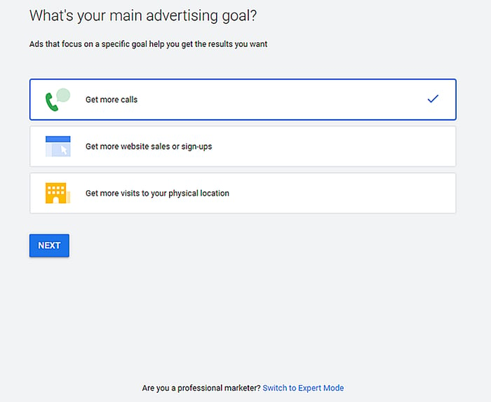 Example of selecting your small business's website main advertising goal to advertise on google