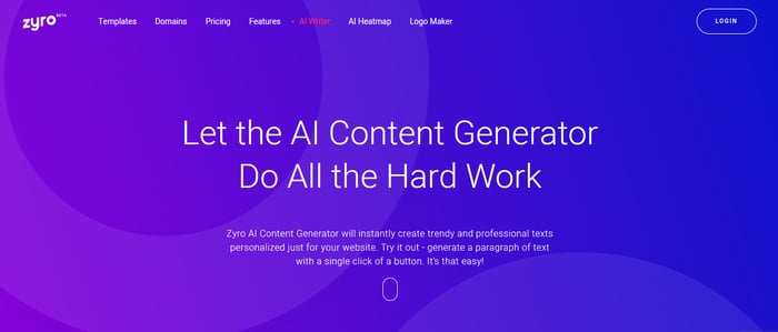 Zyro's AI content generator example and login page