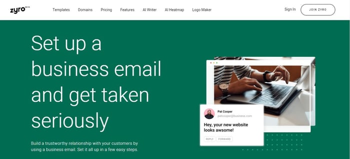 Zyro's landing page to set up a professional email