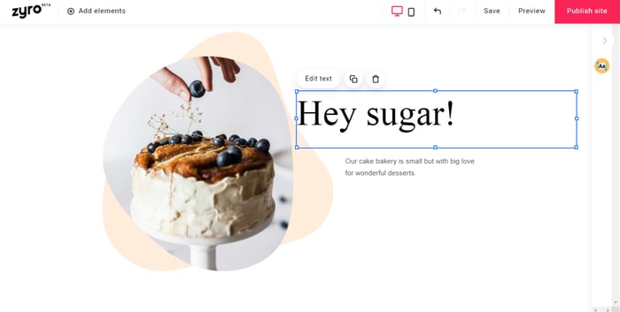Zyro's drag and drop feature on its bakery free template 