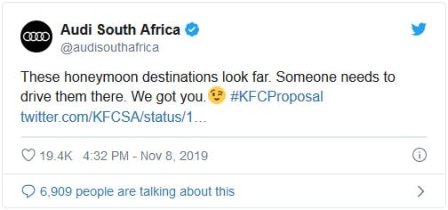 Tweet from Audi South Africa saying "These honeymoon destinations look far. Someone needs to drive them there. We got you."