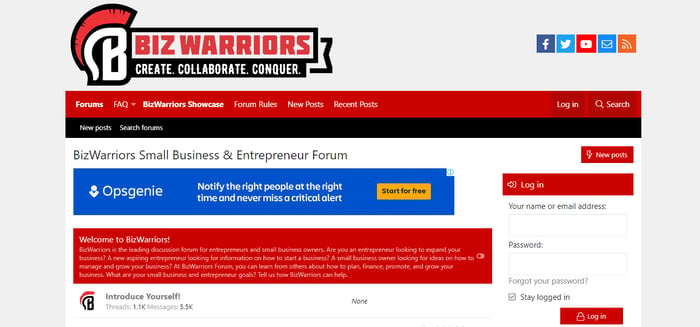 Page de connexion pour Biz warriors qui vous aident avec les forums en ligne. 
