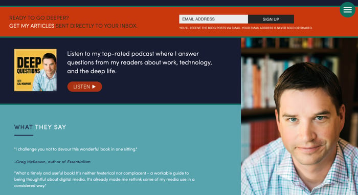 Captura de pantalla de la página web personal de Cal Newport