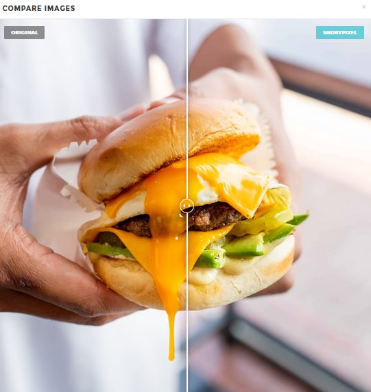 The comparison of a burger image before and after compressed with ShortPixel.