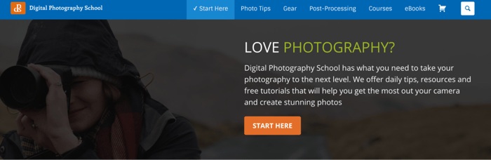 Digital Photography School's website with button to start here