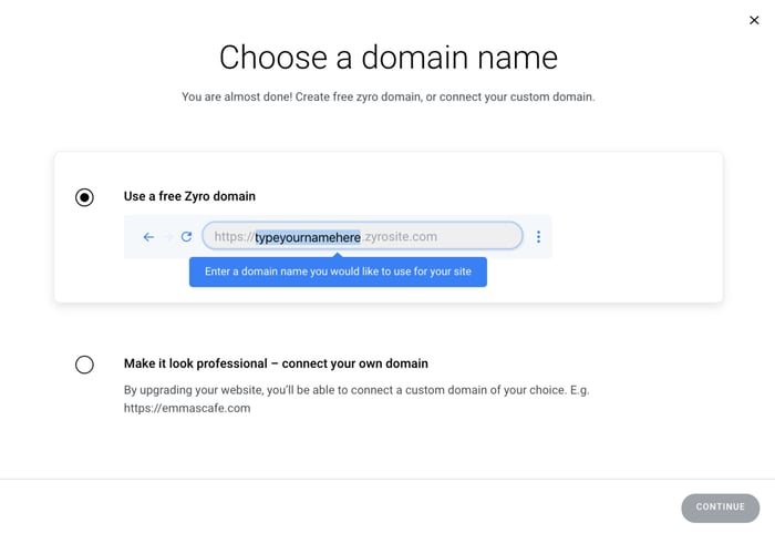 Zyro domain name screen in the website builder