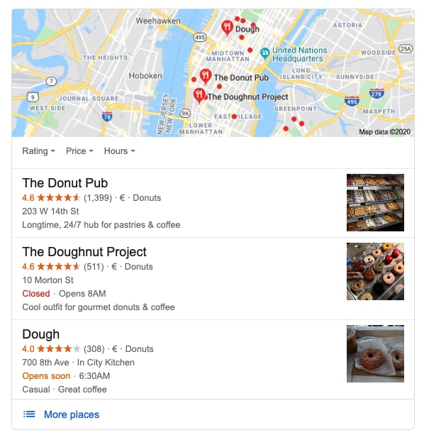 example of google maps and the listing of donut shops in NYC