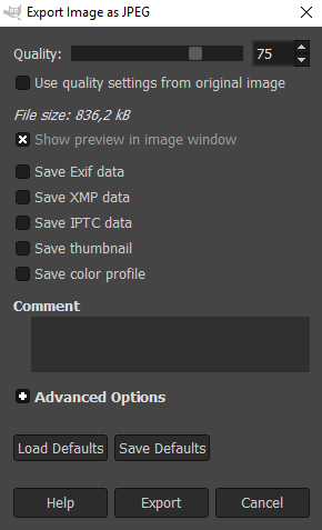 The quality setting of GIMP image editor.