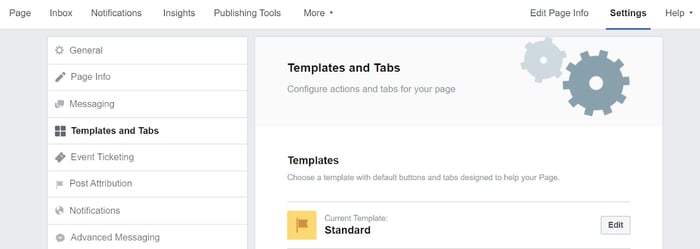 Facebook page templates and tabs settings section