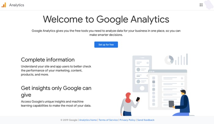 Google Analytics Welcome page to set it up for free
