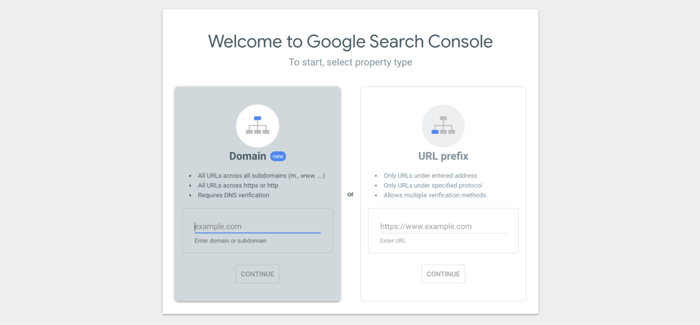 google's search console sign up page