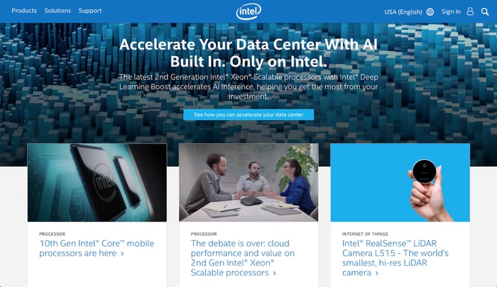 intel's website sign in page with shades of blue and blogs 