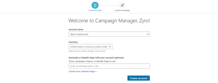 LinkedIn Campaign Manager's welcome page