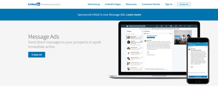 Message Ads page on LinkedIn advertising