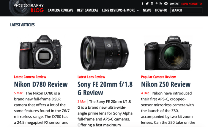 Photography blog showing a camera, lens, and reviews