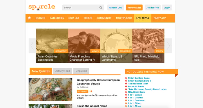 Скриншот домашней страницы сайта для викторин Sporcle 