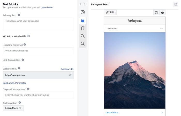 Previewing Text and Links for Instagram Ads