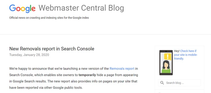Google Webmaster Blog front page.
