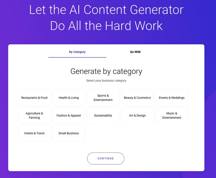 Zyro AI Content Generator category choices