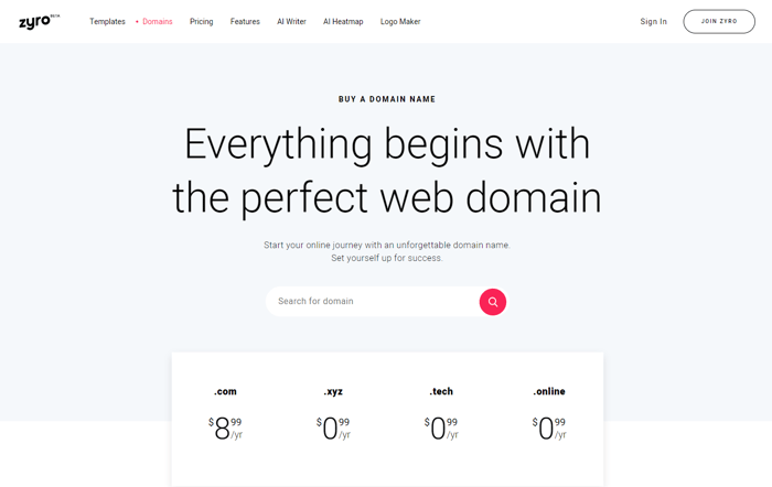 Zyro's web domain landing page to search for domains and pricing when starting a photography business