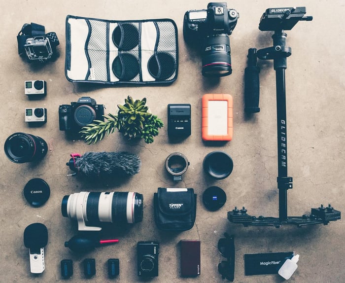 Photography equipment laid out on the floor