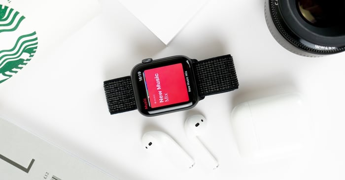 Smartwatch and ear buds on desk