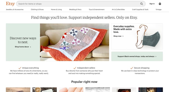 Etsy Marketplace Home Page Screenshot