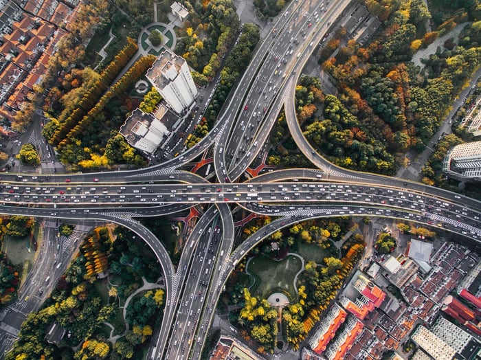Many intersecting roads birds eye view top
