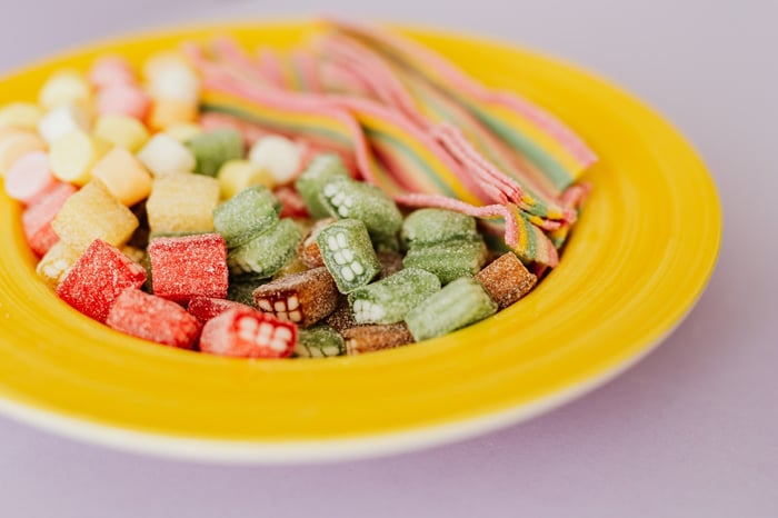 Multicolor Candy Gummies in Yellow Plate Closeup