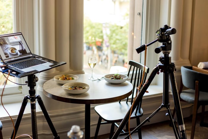 Restaurant setting with a tripod camera setup