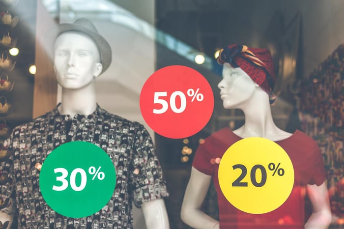 Shop window with sale stickers and mannequins