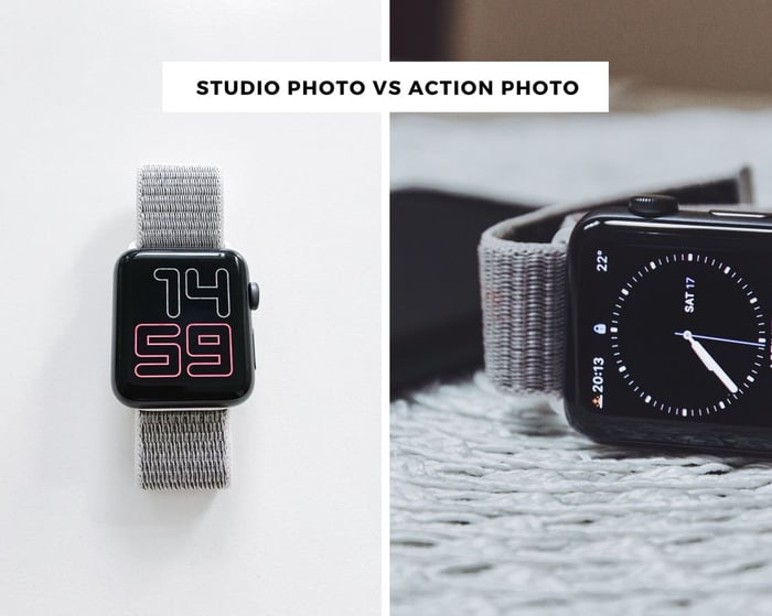 Studio photo vs action photo example of a smart watch