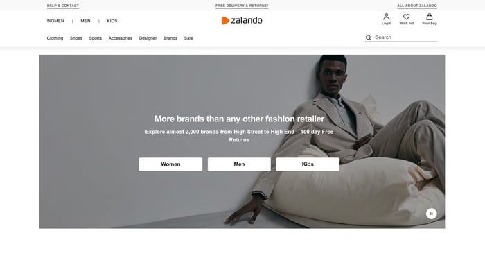 Capture d'écran de la page d'accueil du site de Zalando
