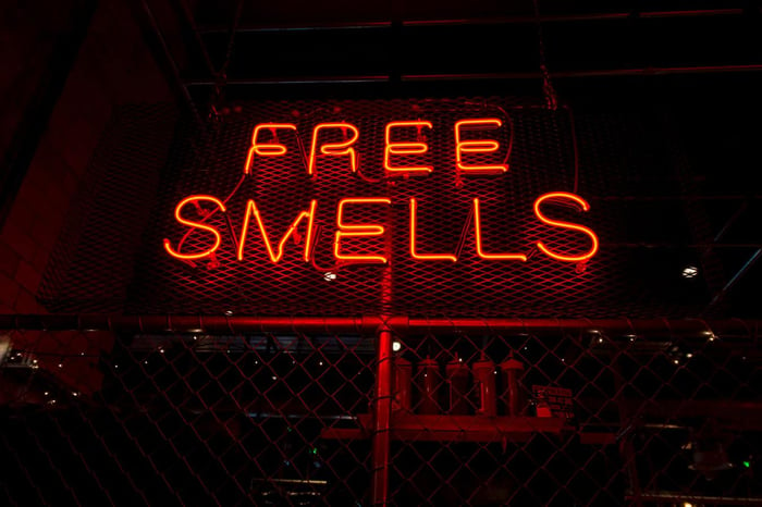 Baliho neon bertuliskan Free Smells pada malam hari