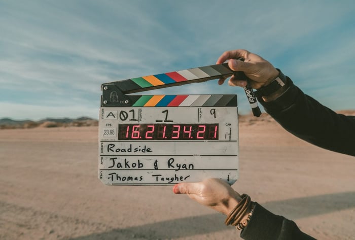 A clapperboard used outside