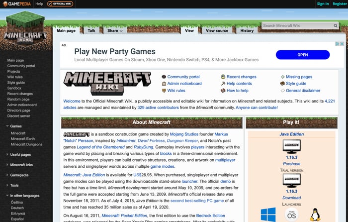 Exemple de site web wiki (Minecraft)
