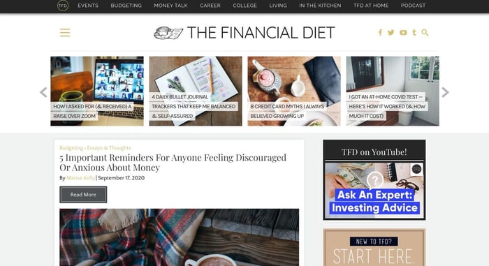 The Financial Diet blog page d'acceuil 