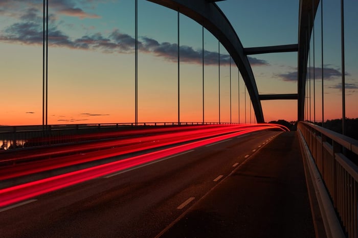 Blurred car lights on a bridge at sunset