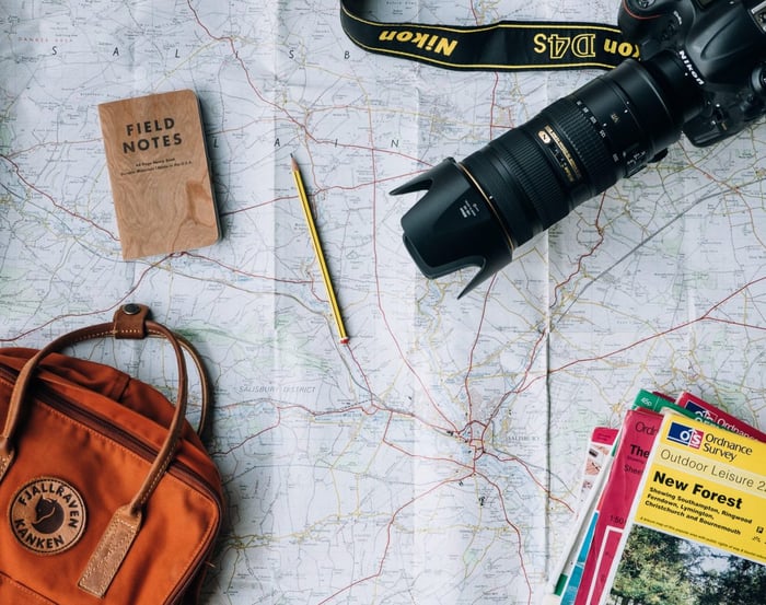 A map with a camera and notebooks on it